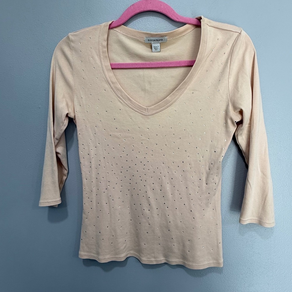 Boston Proper Womens Rhinestone V-Neck Pima Cotton Top Small minimalist